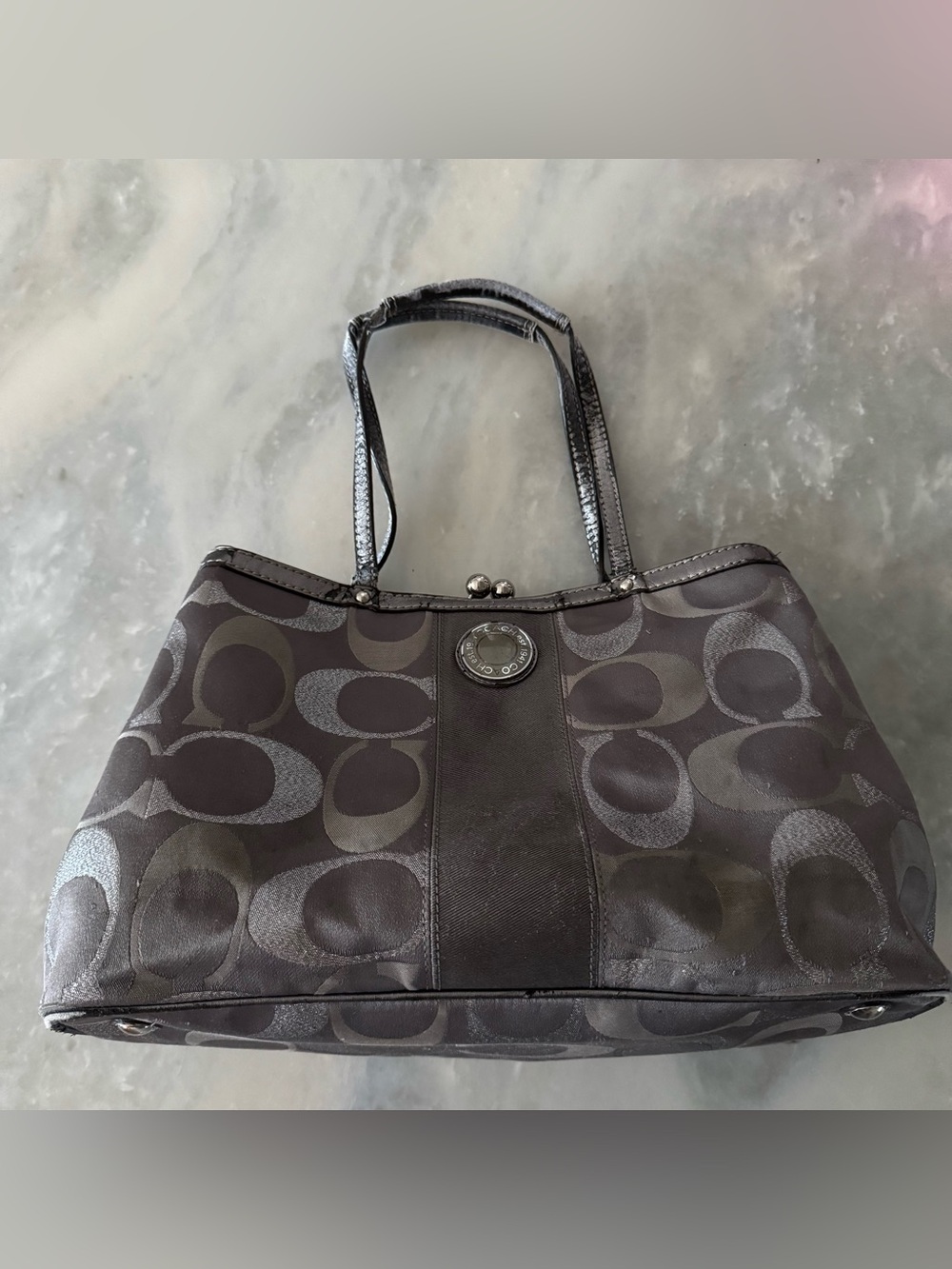 Y2K Coach Signature Kisslock Carryall Tote Bag Metallic Grey Silver Jacquard